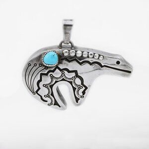 Native American JR Navajo sterling Silver Turquoise Bear Pendant